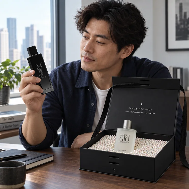 AI-created scene of a man exploring YSL MYSLF and Armani Acqua di Gio in a TadaDrop example.