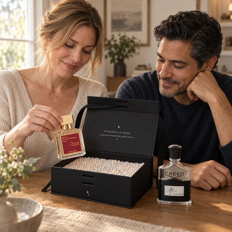 AI-created scene of a couple opening a TadaDrop with Creed Aventus and Baccarat Rouge 540 examples.