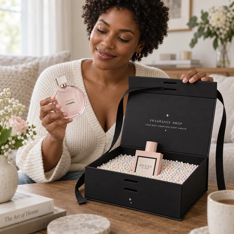 AI-created scene of a woman opening a TadaDrop with CHANEL Chance Eau Tendre and Gucci Bloom examples.